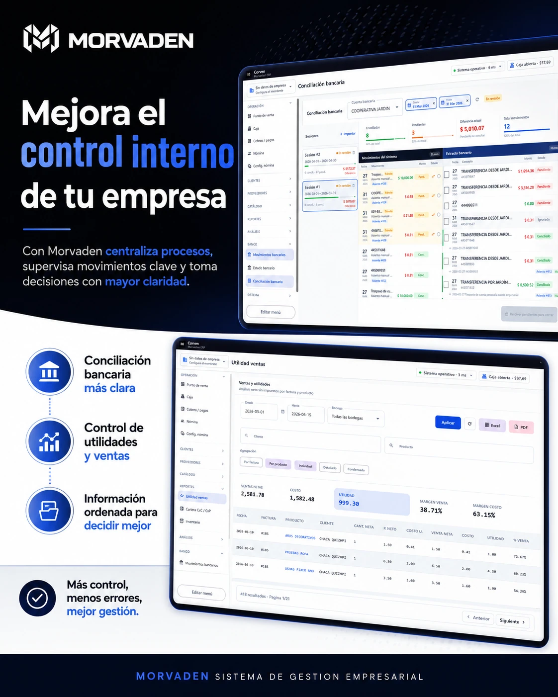 Presentación de Morvaden sobre conciliación bancaria, utilidad de ventas y control interno empresarial